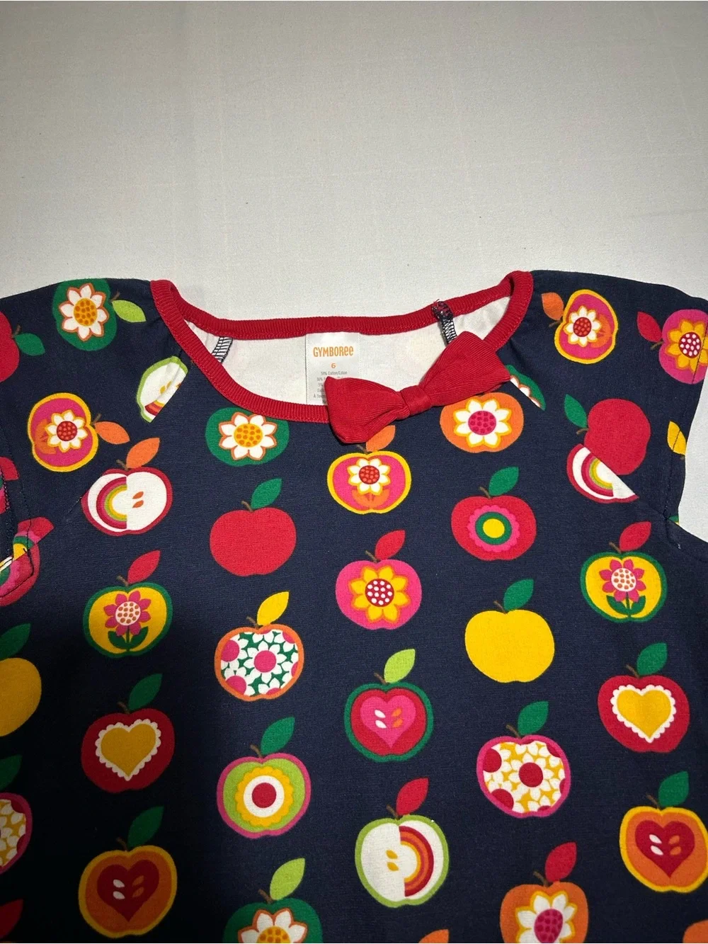Gymboree Girls 6 Navy Apple Orchard Short Sleeve Drop Waist Dress School Fall